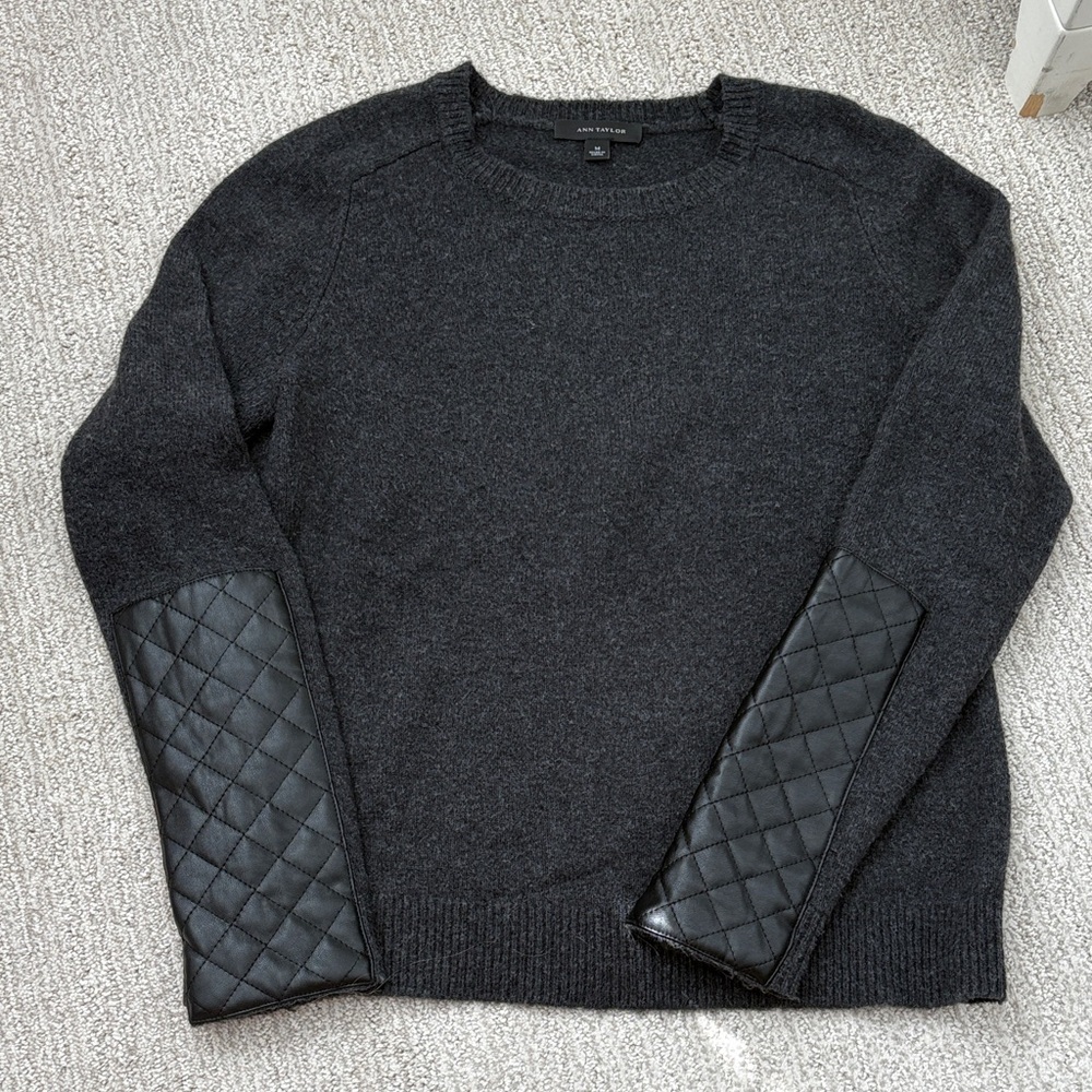 Ann Taylor Charcoal Sweater with Quilted Black Sleeves